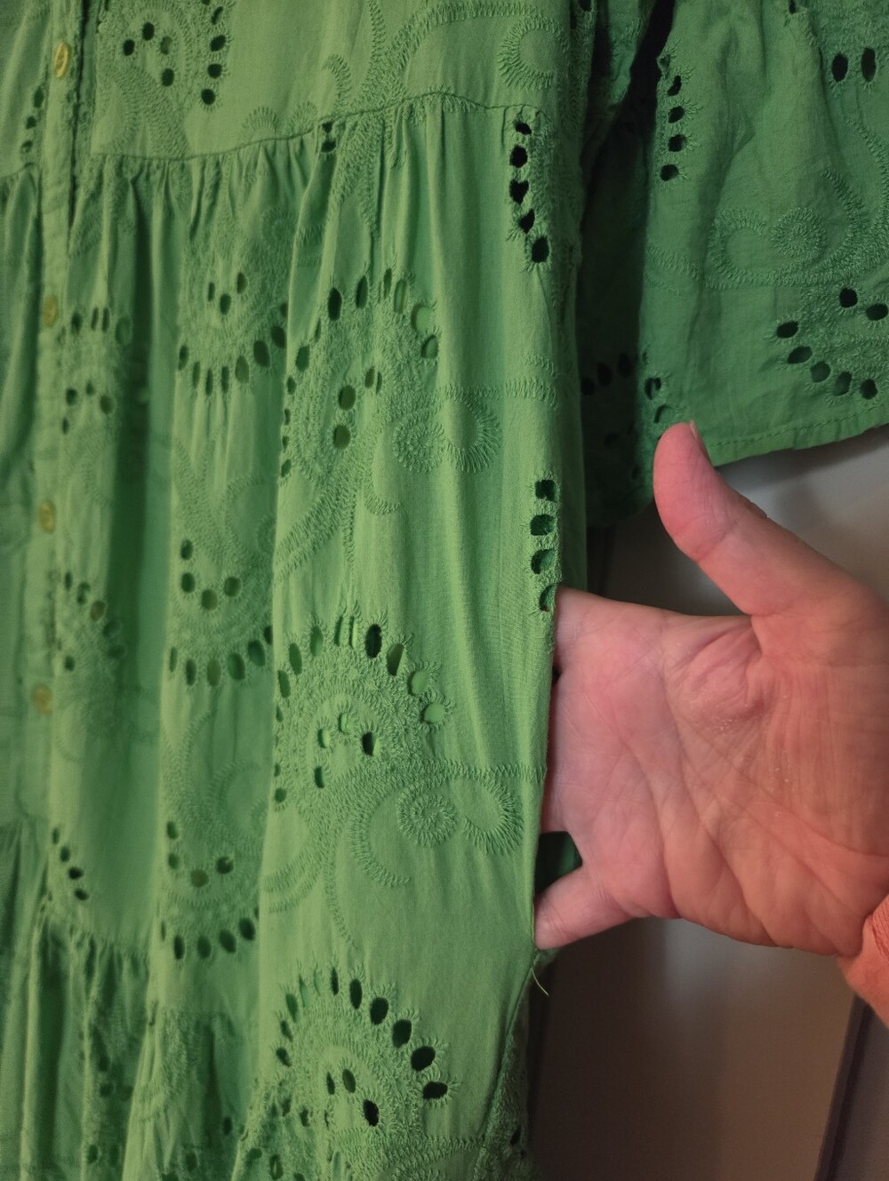 Bright Green Eyelet Maxi Dress Boho Tiered Button Front Dress - Picture 4 of 7